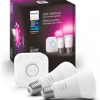 Philips Hue Smart Light Starter Kit - Includes (1) Bridge and (2) 60W A19 LED Bulb, White and Color Ambiance Color-Changing Light, 800LM, E26 - Control with App or Voice Assistant